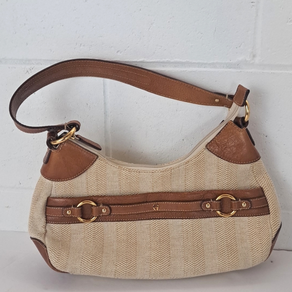 Etienne Aigner Leather And Woven Fabric Shoulder Bag Gold Metal Ring Accents - Picture 16 of 16